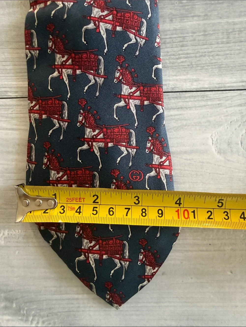 Vintage GUCCI Silk Tie Navy Blue Red Equestrian Horse Carriage Interlocking GG